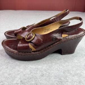 Born Leather Boho Slingback Clog Sandals Women's 9 Brown Platform Heels